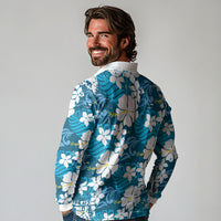 Blue Hawaiian Hibiscus Monstera Long Sleeve Polo Shirt Grunge Stylized LT01 - Polynesian Pride