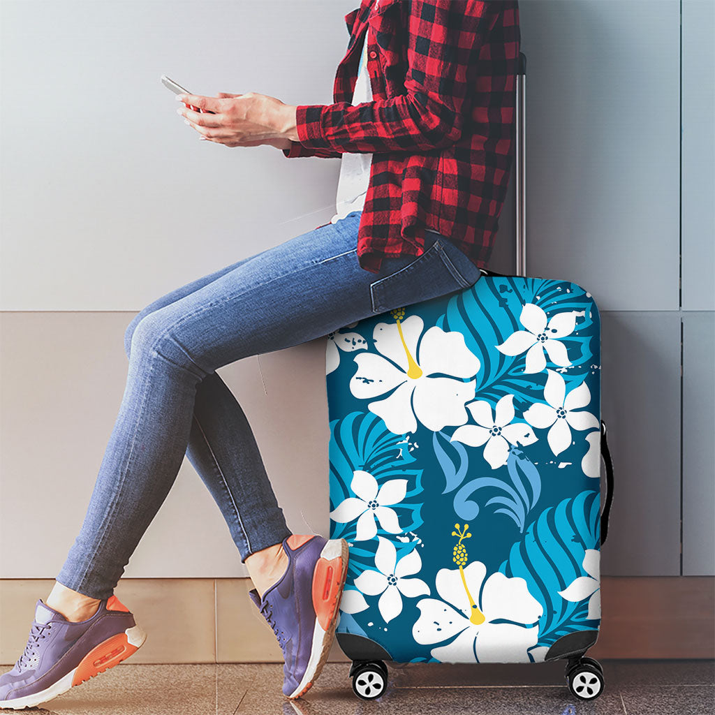 Blue Hawaiian Hibiscus Monstera Luggage Cover Grunge Stylized