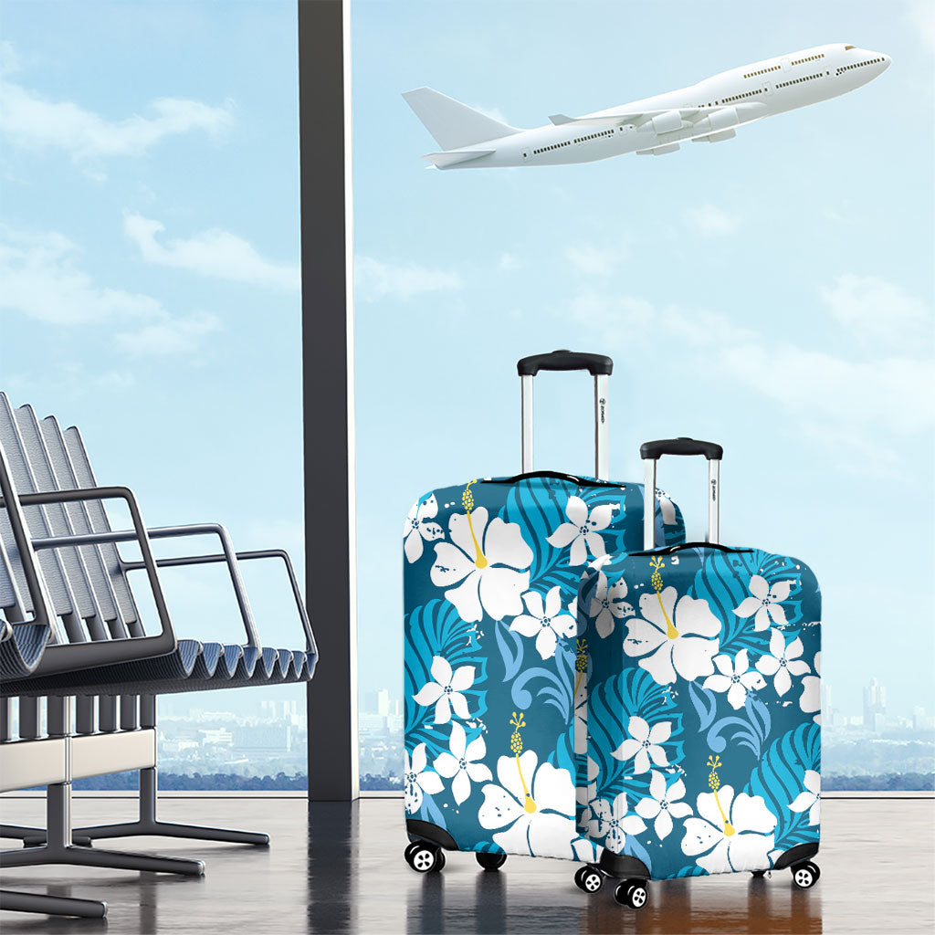 Blue Hawaiian Hibiscus Monstera Luggage Cover Grunge Stylized