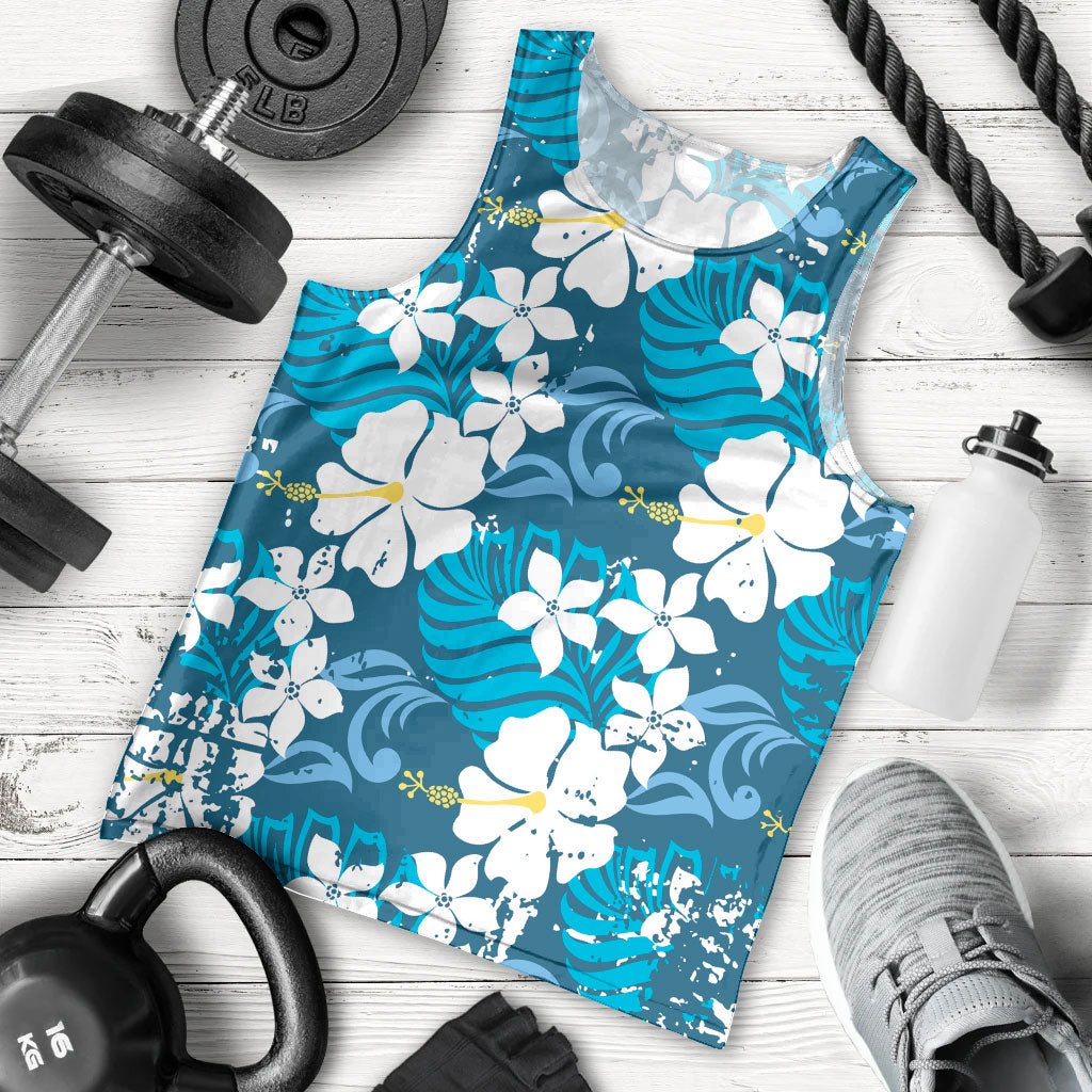 Blue Hawaiian Hibiscus Monstera Men Tank Top Grunge Stylized LT01 - Polynesian Pride