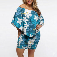 Blue Hawaiian Hibiscus Monstera Off Shoulder Short Dress Grunge Stylized LT01 Women Blue - Polynesian Pride