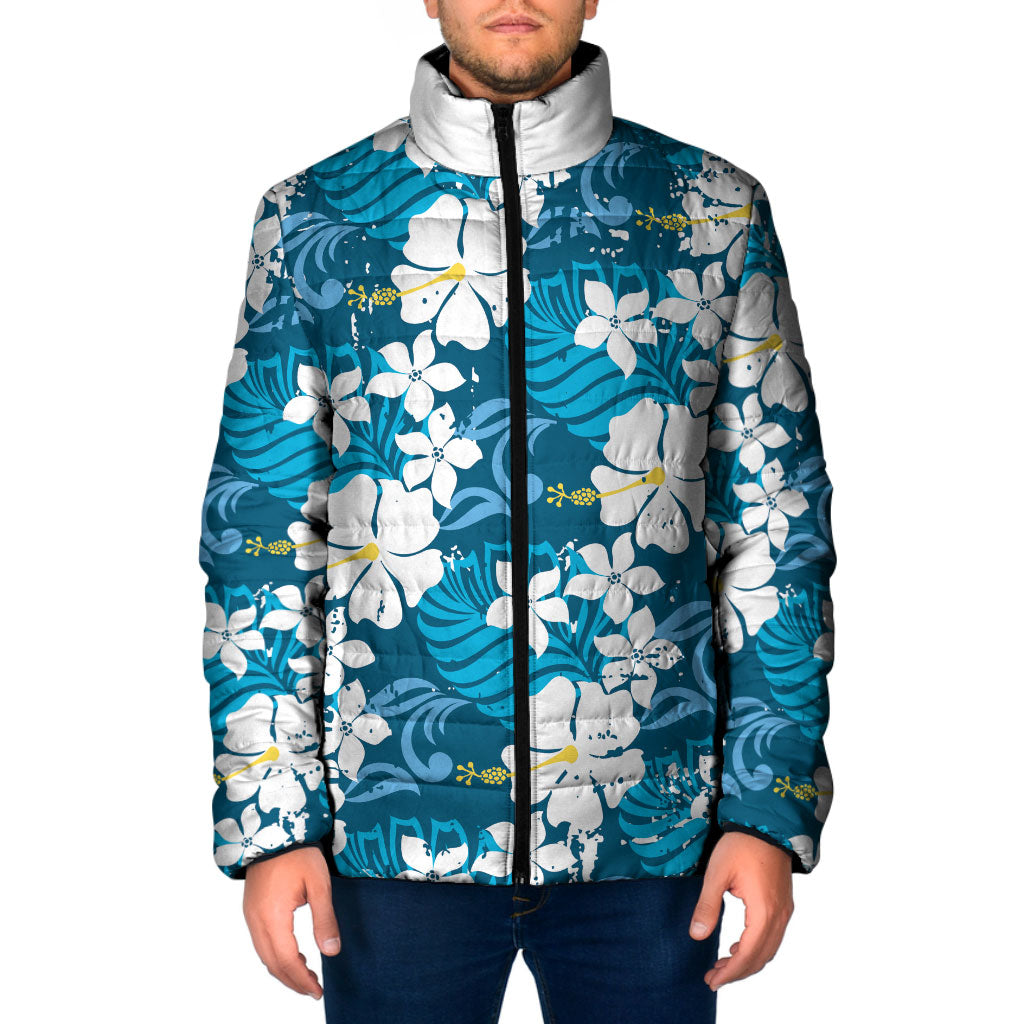 Blue Hawaiian Hibiscus Monstera Padded Jacket Grunge Stylized LT01 Men Blue - Polynesian Pride