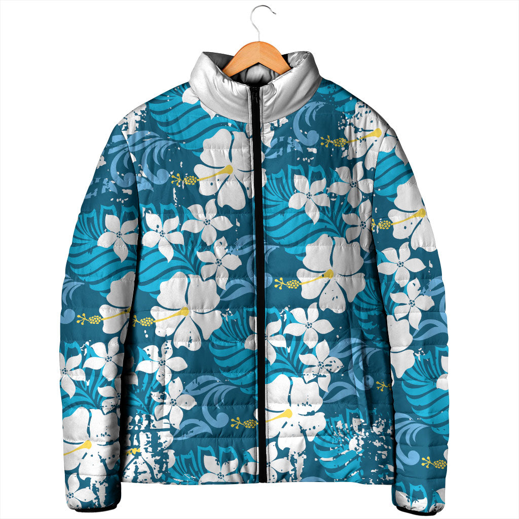 Blue Hawaiian Hibiscus Monstera Padded Jacket Grunge Stylized LT01 - Polynesian Pride