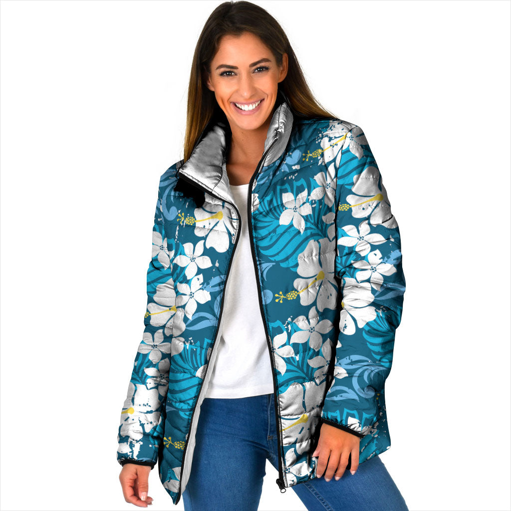 Blue Hawaiian Hibiscus Monstera Padded Jacket Grunge Stylized LT01 Women Blue - Polynesian Pride