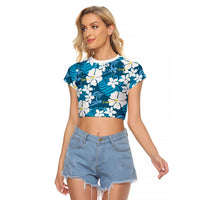 Blue Hawaiian Hibiscus Monstera Raglan Cropped T Shirt Grunge Stylized LT01 Female Blue - Polynesian Pride