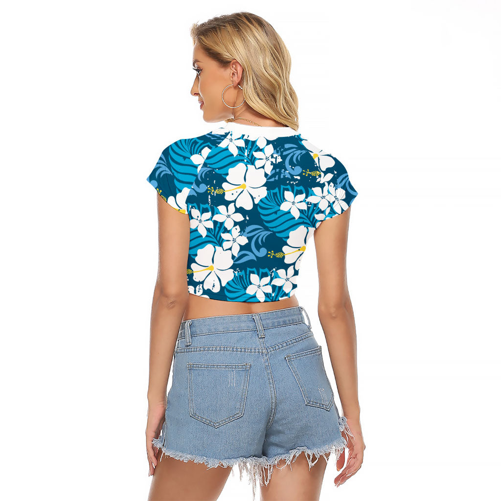 Blue Hawaiian Hibiscus Monstera Raglan Cropped T Shirt Grunge Stylized LT01 - Polynesian Pride