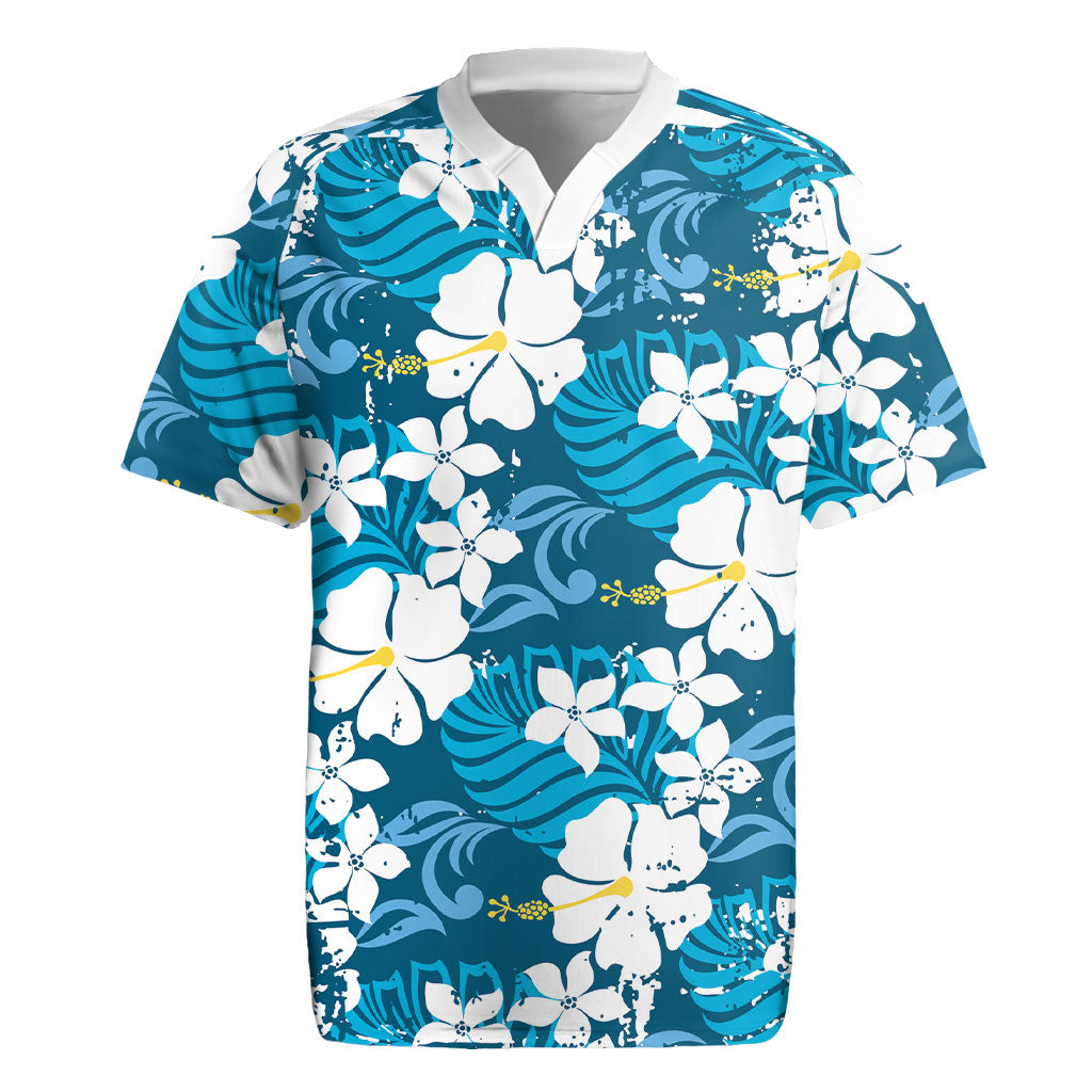Blue Hawaiian Hibiscus Monstera Rugby Jersey Grunge Stylized