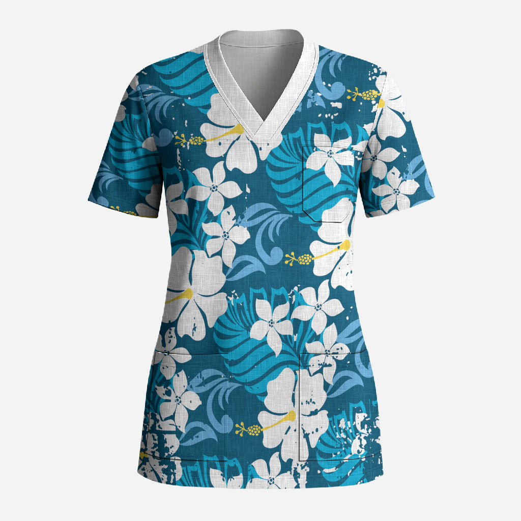 Blue Hawaiian Hibiscus Monstera Scrub Top Grunge Stylized
