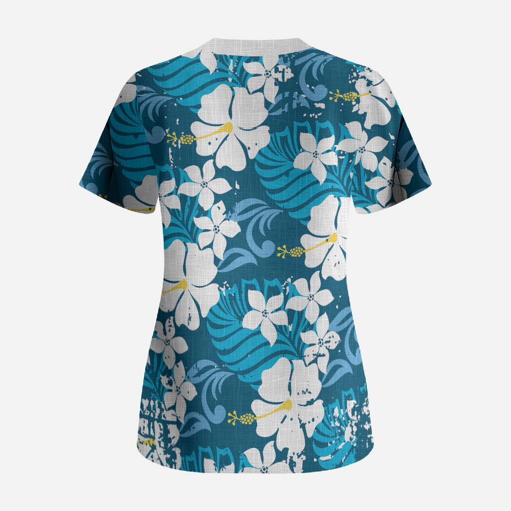 Blue Hawaiian Hibiscus Monstera Scrub Top Grunge Stylized