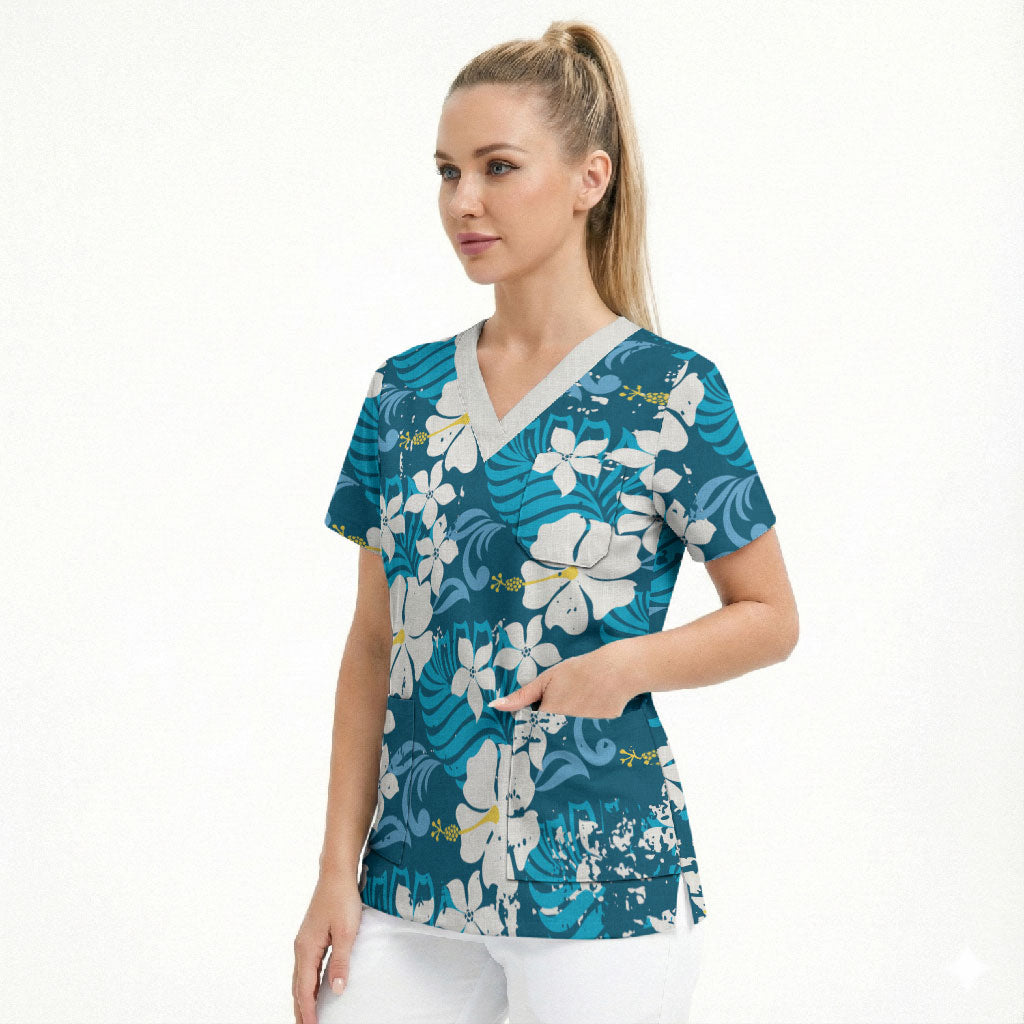 Blue Hawaiian Hibiscus Monstera Scrub Top Grunge Stylized