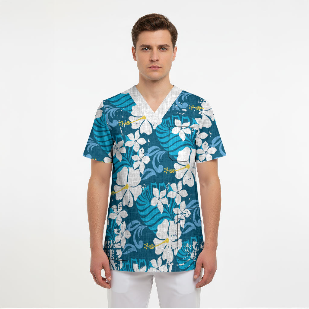 Blue Hawaiian Hibiscus Monstera Scrub Top Grunge Stylized