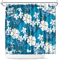 Blue Hawaiian Hibiscus Monstera Shower Curtain Grunge Stylized