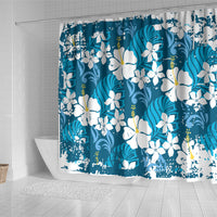 Blue Hawaiian Hibiscus Monstera Shower Curtain Grunge Stylized