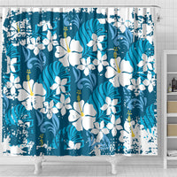 Blue Hawaiian Hibiscus Monstera Shower Curtain Grunge Stylized