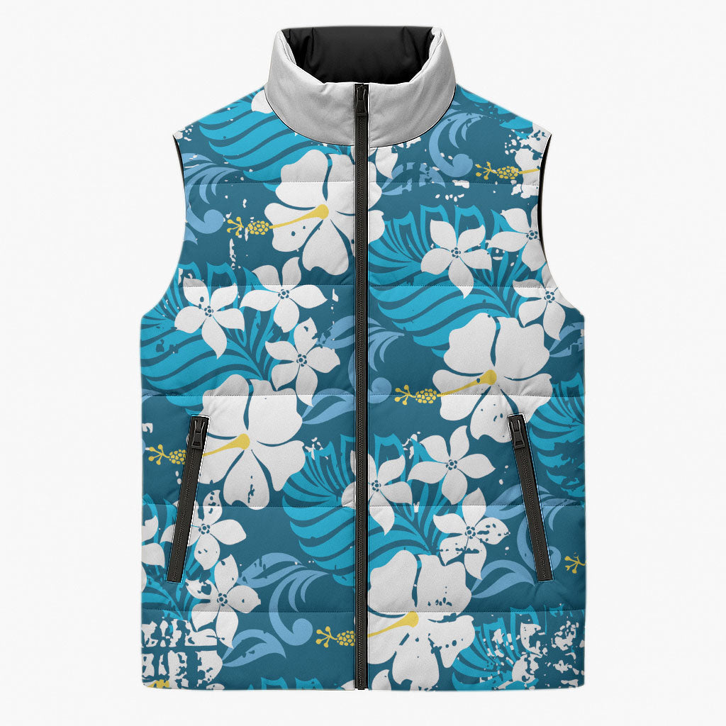 Blue Hawaiian Hibiscus Monstera Sleeveless Puffer Jacket Grunge Stylized