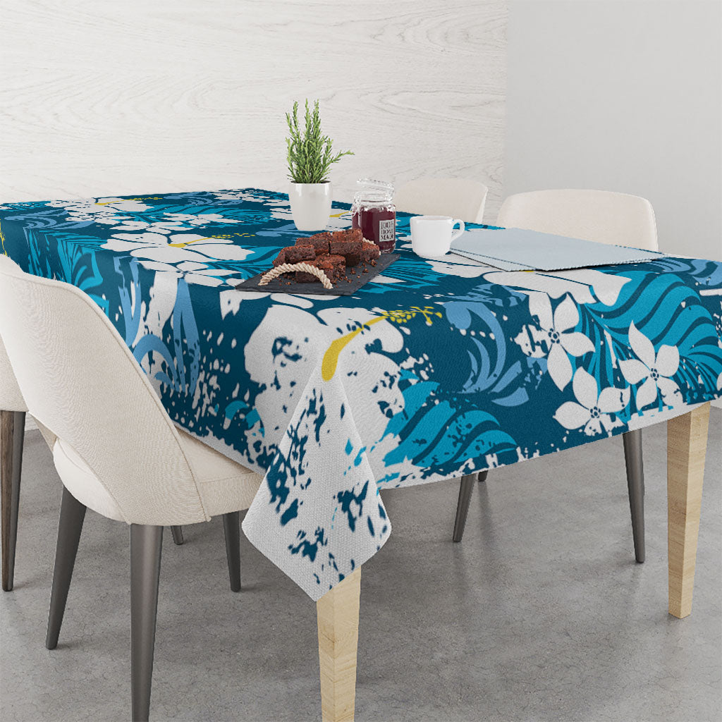 Blue Hawaiian Hibiscus Monstera Tablecloth Grunge Stylized