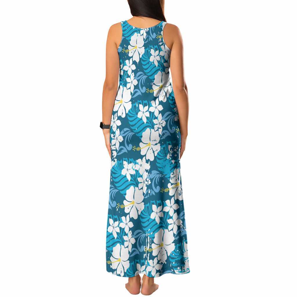 Blue Hawaiian Hibiscus Monstera Tank Maxi Dress Grunge Stylized LT01 - Polynesian Pride