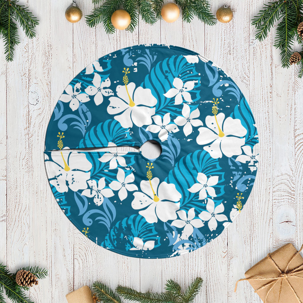 Blue Hawaiian Hibiscus Monstera Tree Skirt Grunge Stylized LT01 Casual Blue - Polynesian Pride