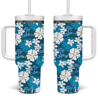Blue Hawaiian Hibiscus Monstera Tumbler With Handle Grunge Stylized LT01 One Size: 40 oz Blue - Polynesian Pride