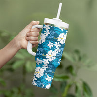 Blue Hawaiian Hibiscus Monstera Tumbler With Handle Grunge Stylized LT01 - Polynesian Pride