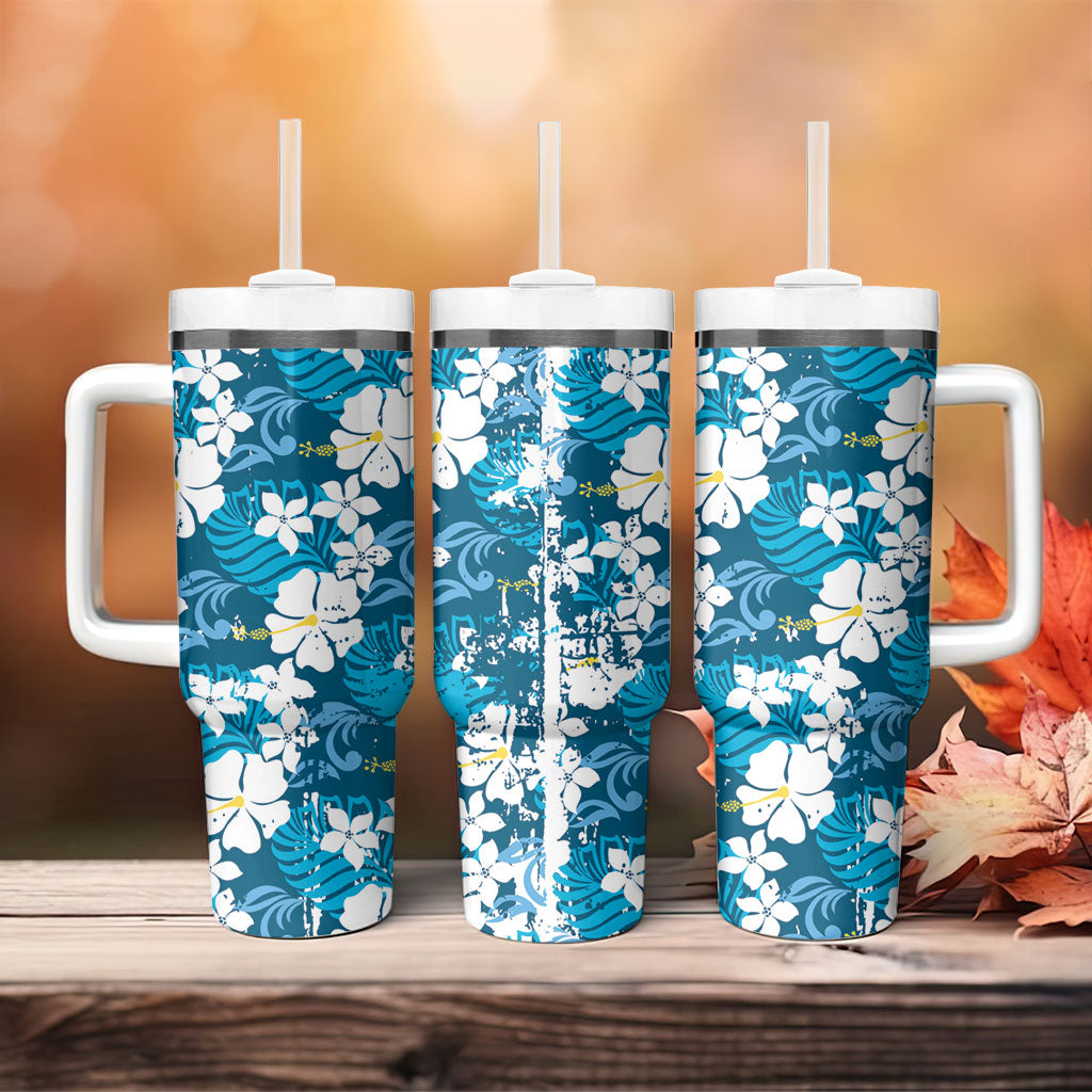 Blue Hawaiian Hibiscus Monstera Tumbler With Handle Grunge Stylized LT01 - Polynesian Pride