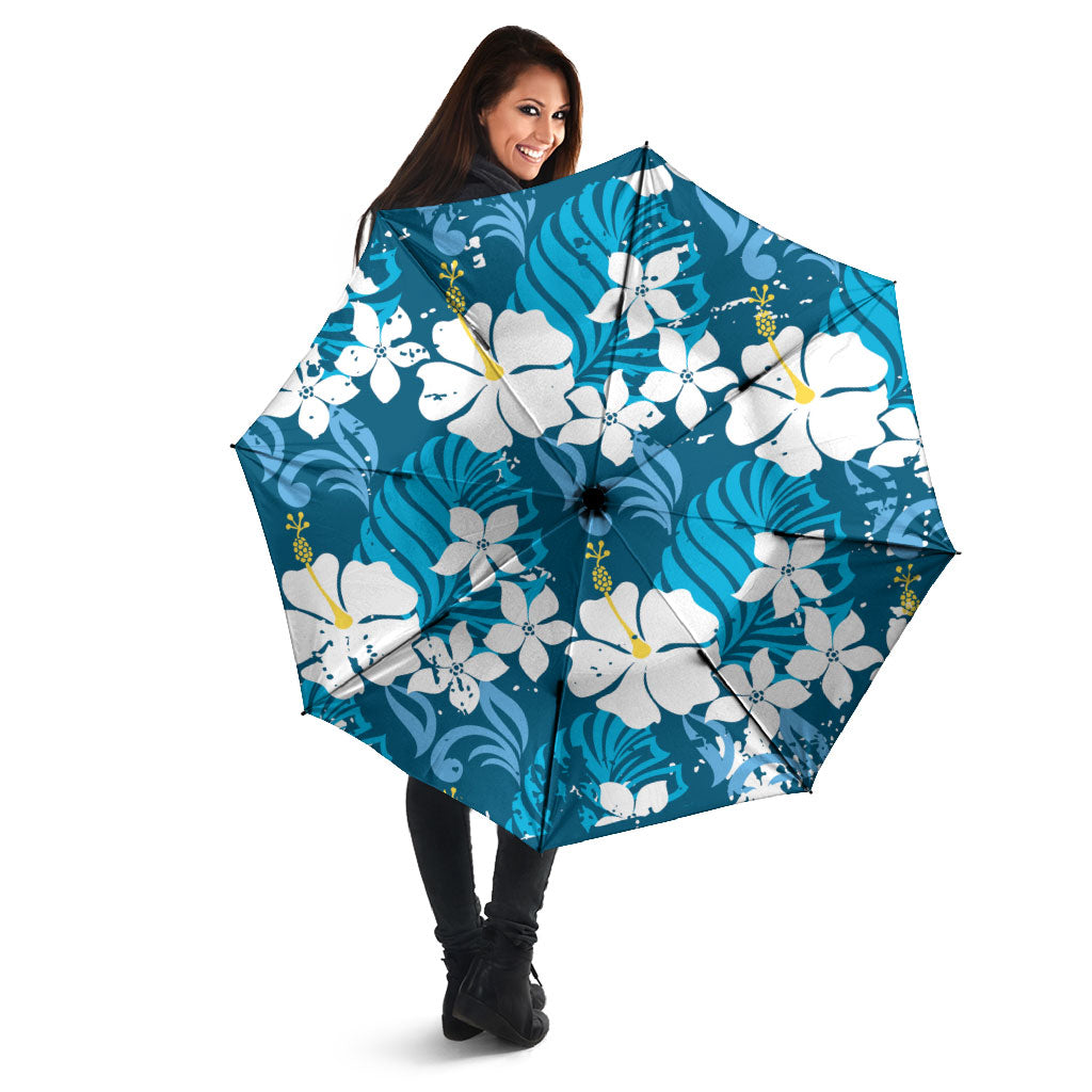 Blue Hawaiian Hibiscus Monstera Umbrella Grunge Stylized