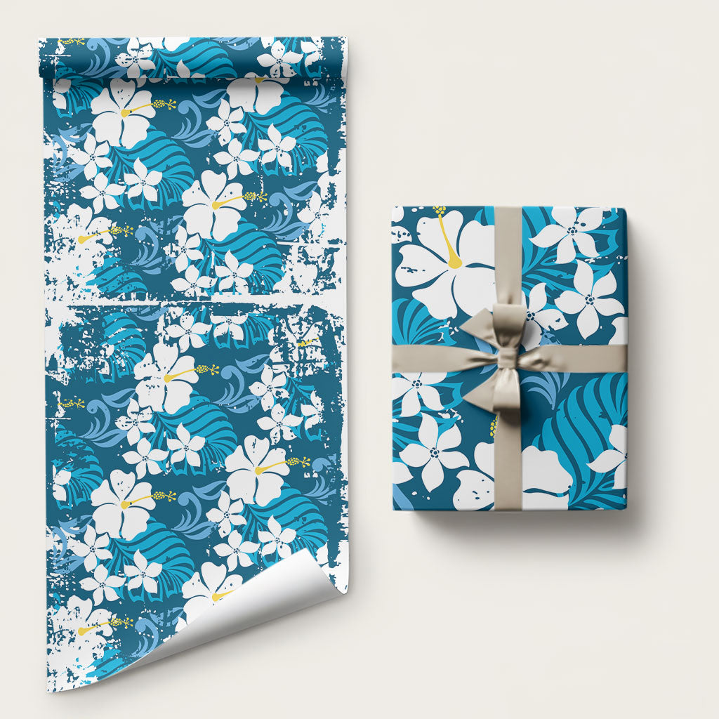 Blue Hawaiian Hibiscus Monstera Wrapping Paper Grunge Stylized