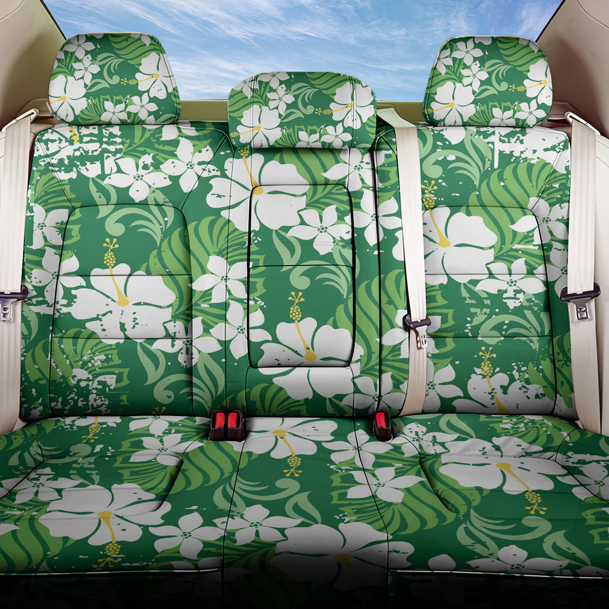 Green Hawaiian Hibiscus Monstera Back Car Seat Cover Grunge Stylized