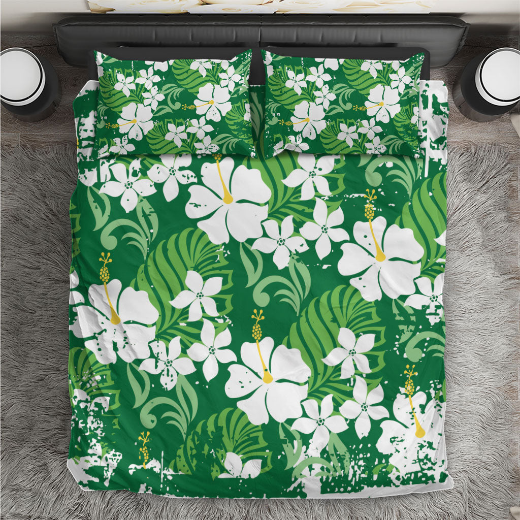 Green Hawaiian Hibiscus Monstera Bedding Set Grunge Stylized LT01 Green - Polynesian Pride