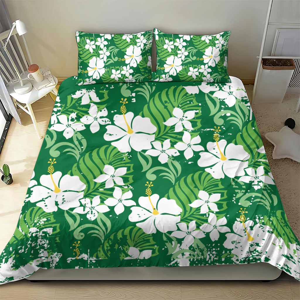 Green Hawaiian Hibiscus Monstera Bedding Set Grunge Stylized LT01 - Polynesian Pride