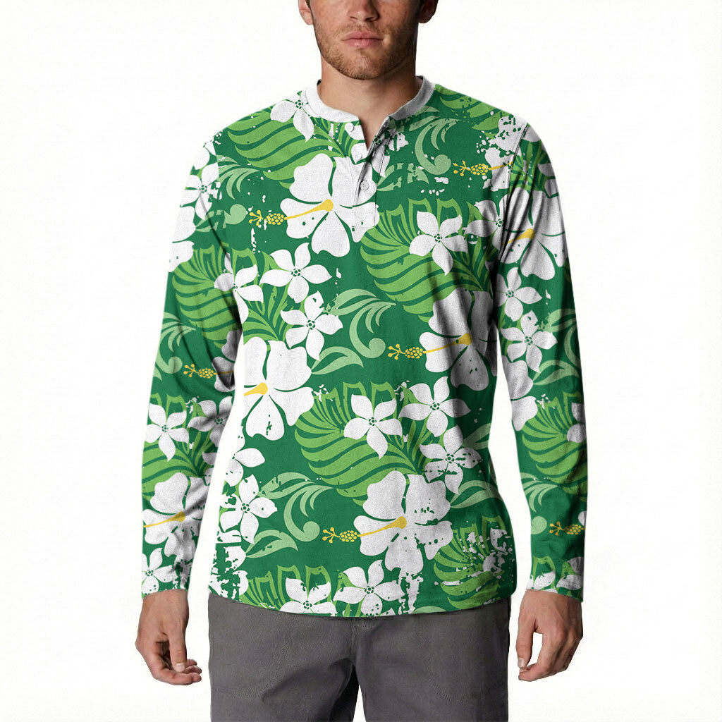 Green Hawaiian Hibiscus Monstera Button Sweatshirt Grunge Stylized