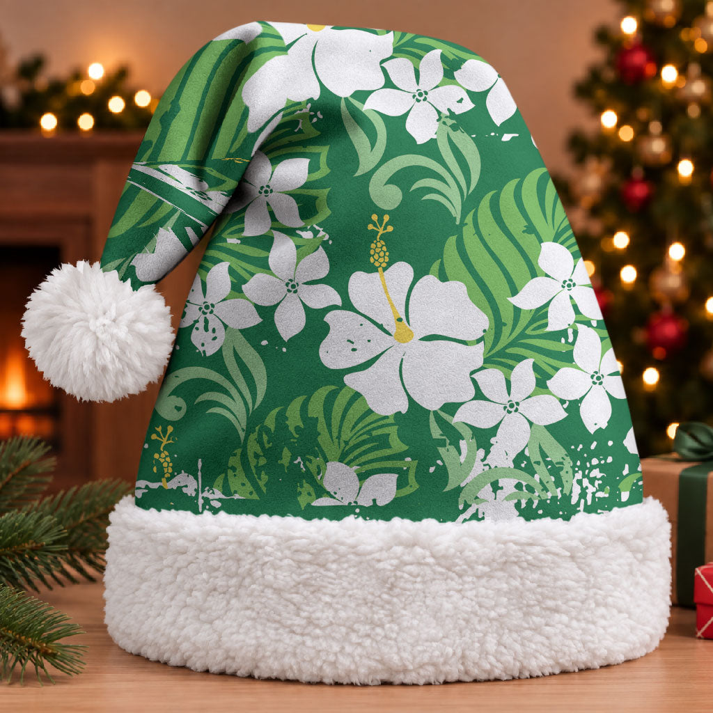 Green Hawaiian Hibiscus Monstera Christmas Santa Hat Grunge Stylized