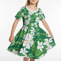 Green Hawaiian Hibiscus Monstera Kid Short Sleeve Dress Grunge Stylized LT01 - Polynesian Pride