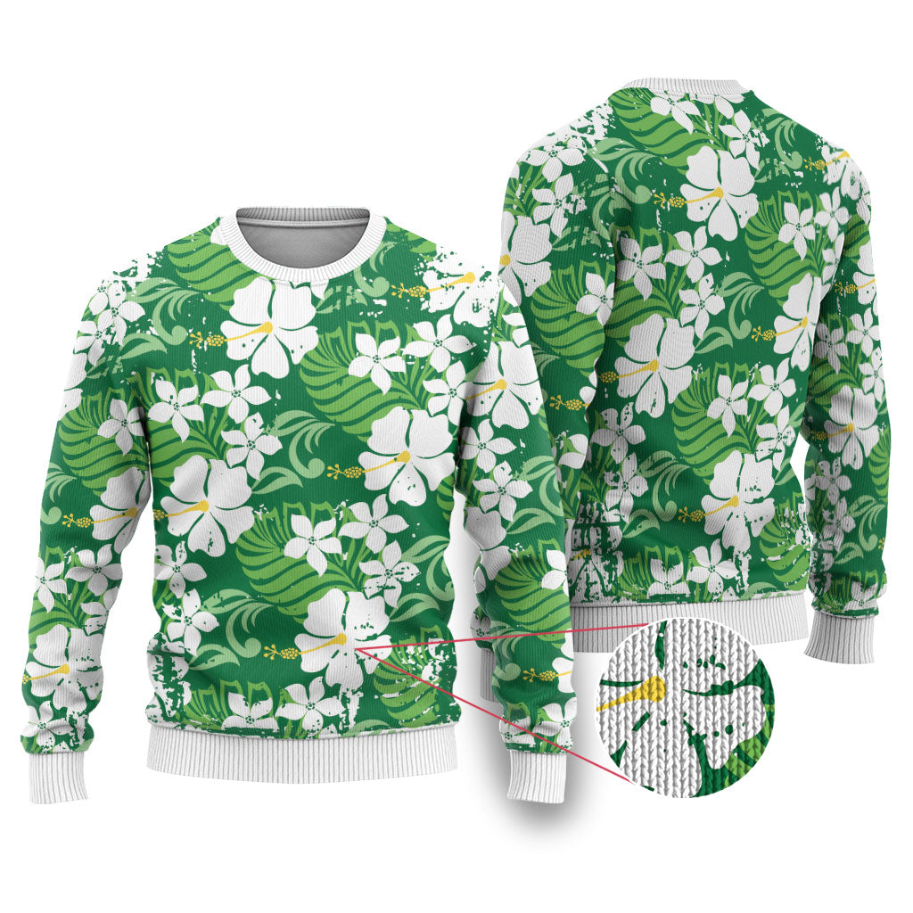 Green Hawaiian Hibiscus Monstera Ugly Christmas Sweater Grunge Stylized