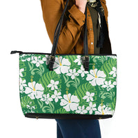 Green Hawaiian Hibiscus Monstera Leather Tote Bag Grunge Stylized LT01 - Polynesian Pride