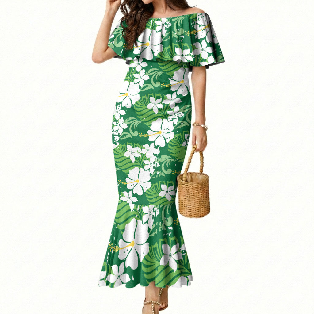 Green Hawaiian Hibiscus Monstera Mermaid Dress Grunge Stylized LT01 Women Green - Polynesian Pride