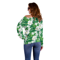 Green Hawaiian Hibiscus Monstera Off Shoulder Sweater Grunge Stylized LT01 - Polynesian Pride