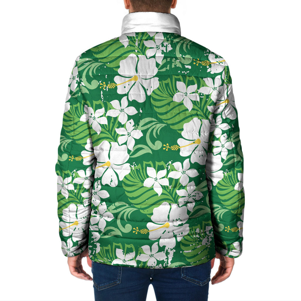 Green Hawaiian Hibiscus Monstera Padded Jacket Grunge Stylized