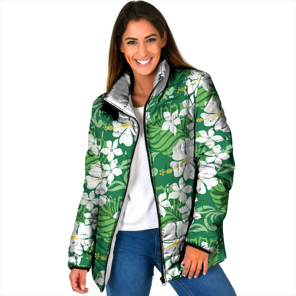 Green Hawaiian Hibiscus Monstera Padded Jacket Grunge Stylized