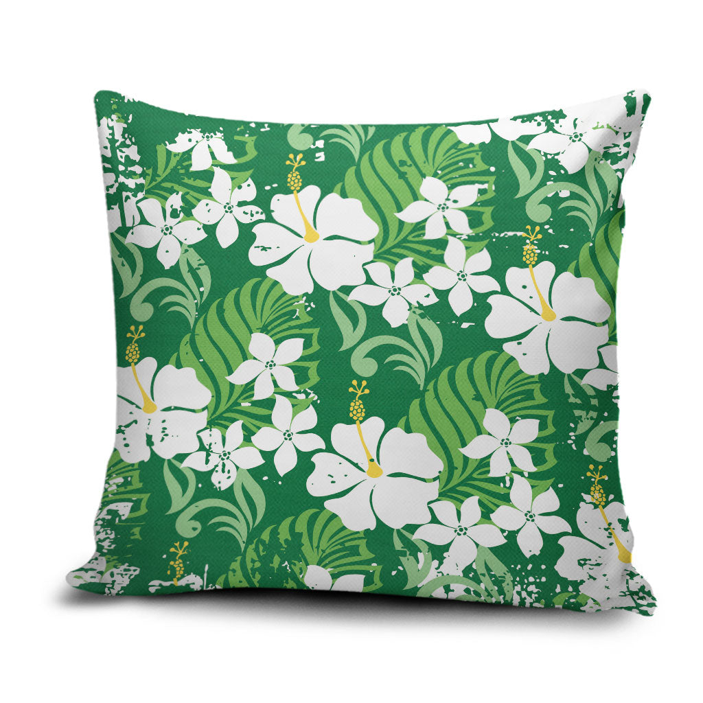 Green Hawaiian Hibiscus Monstera Pillow Cover Grunge Stylized