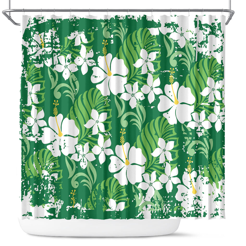 Green Hawaiian Hibiscus Monstera Shower Curtain Grunge Stylized LT01 Green - Polynesian Pride