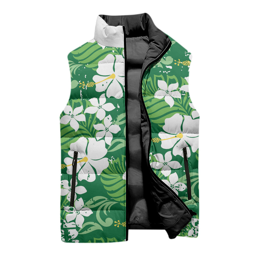 Green Hawaiian Hibiscus Monstera Sleeveless Puffer Jacket Grunge Stylized