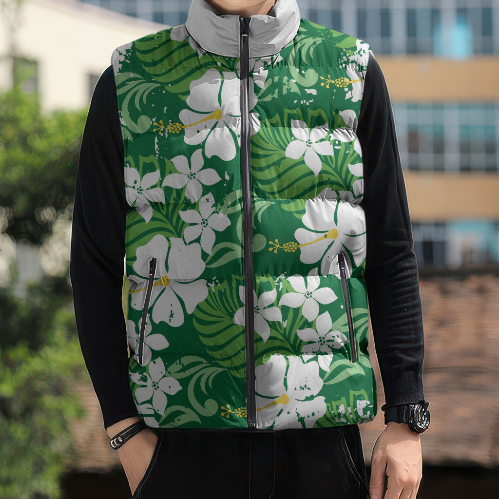 Green Hawaiian Hibiscus Monstera Sleeveless Puffer Jacket Grunge Stylized