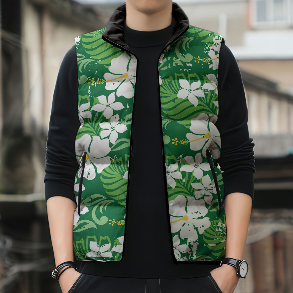Green Hawaiian Hibiscus Monstera Sleeveless Puffer Jacket Grunge Stylized