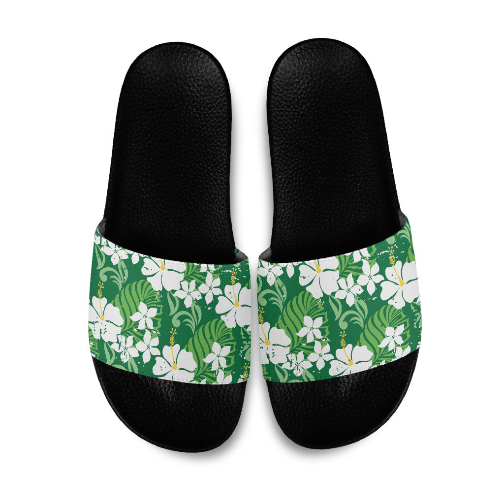 Green Hawaiian Hibiscus Monstera Slide Sandals Grunge Stylized LT01 Green - Polynesian Pride