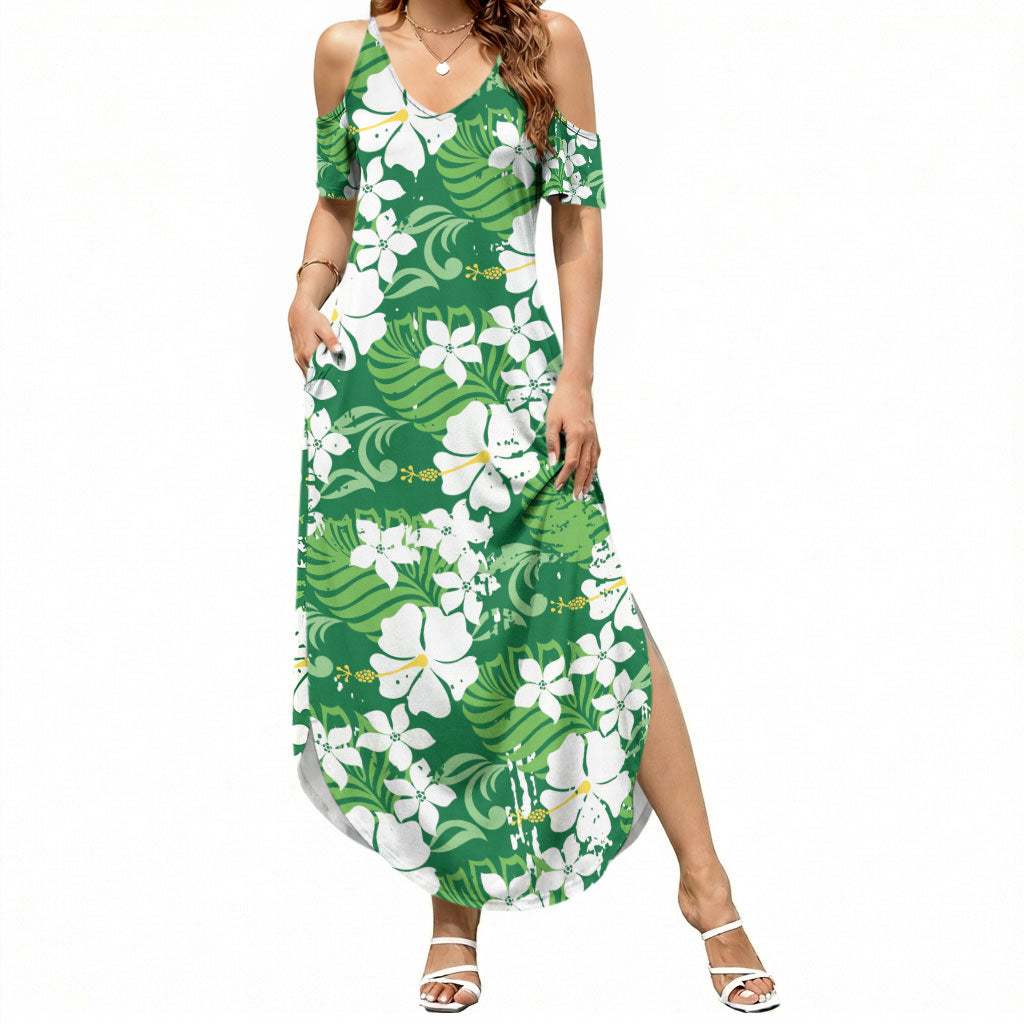 Green Hawaiian Hibiscus Monstera Summer Maxi Dress Grunge Stylized