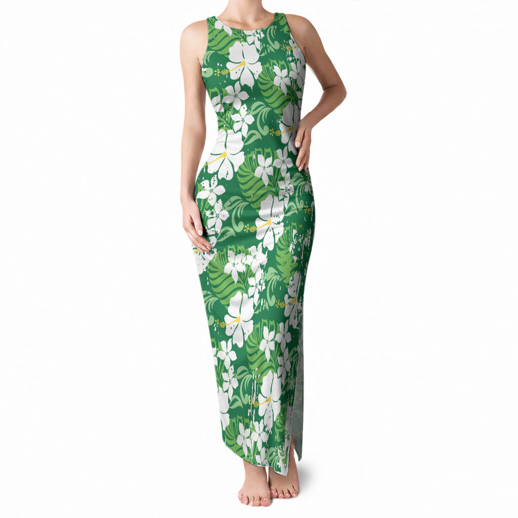 Green Hawaiian Hibiscus Monstera Tank Maxi Dress Grunge Stylized