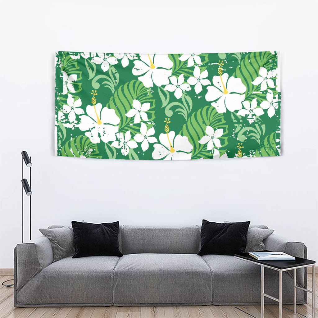 Green Hawaiian Hibiscus Monstera Tapestry Grunge Stylized LT01 - Polynesian Pride