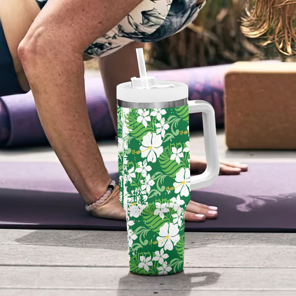 Green Hawaiian Hibiscus Monstera Tumbler With Handle Grunge Stylized LT01 - Polynesian Pride