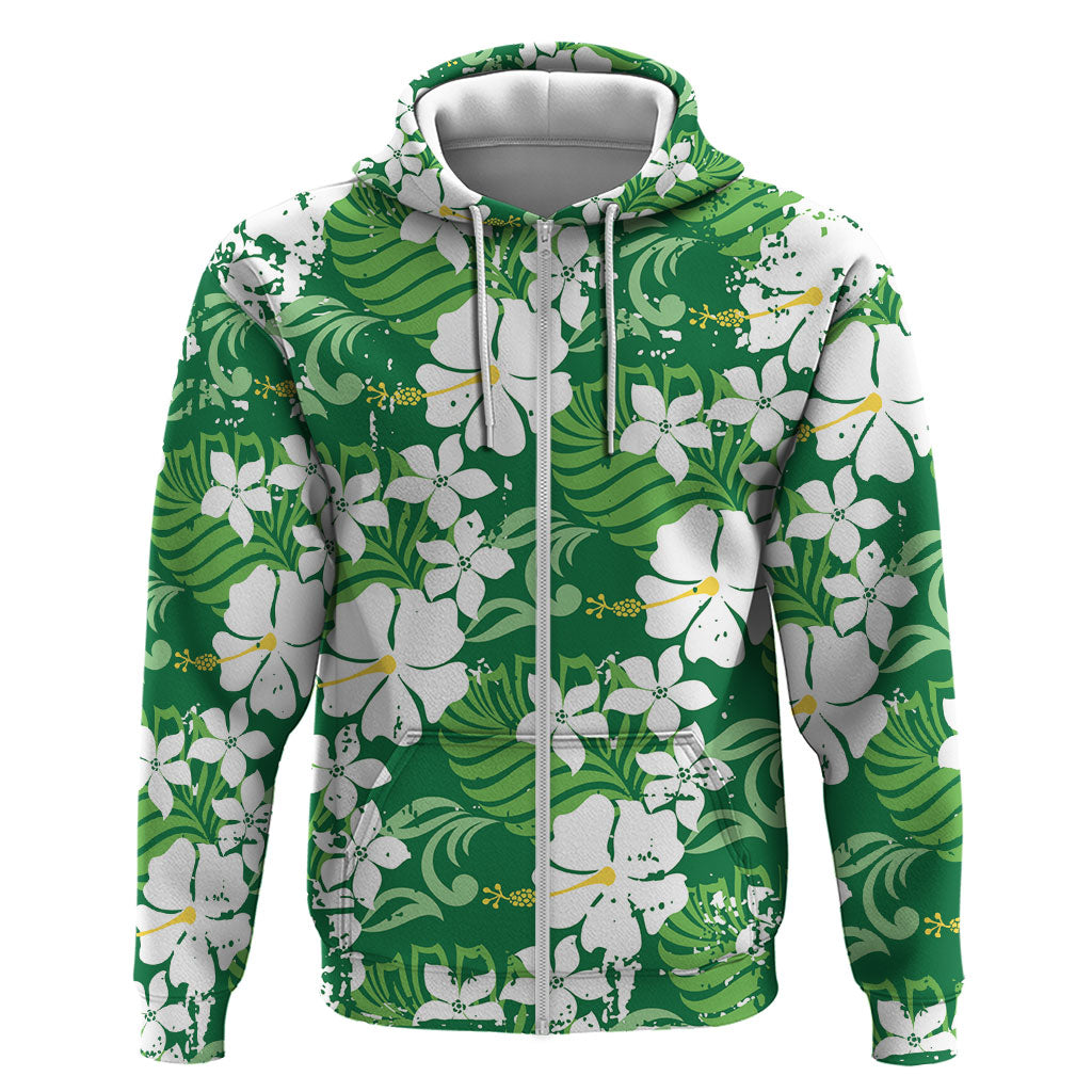 Green Hawaiian Hibiscus Monstera Zip Hoodie Grunge Stylized LT01 Zip Hoodie Green - Polynesian Pride